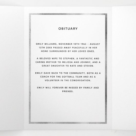 Photo florale bleu blanc tri-pli programme funérai (Intérieur au milieu)