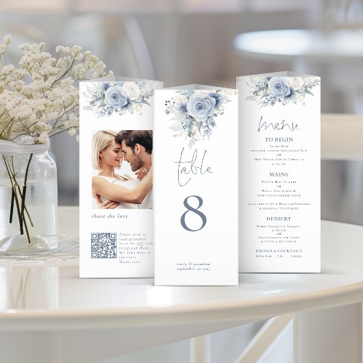 Photo Florale Bleue QR Triplé Mariage Menu Table N