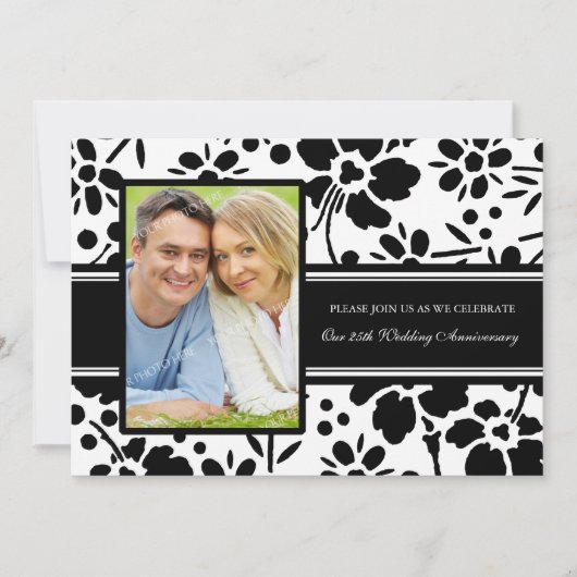 Photo florale noire Invitation du 25e anniversaire (Devant)