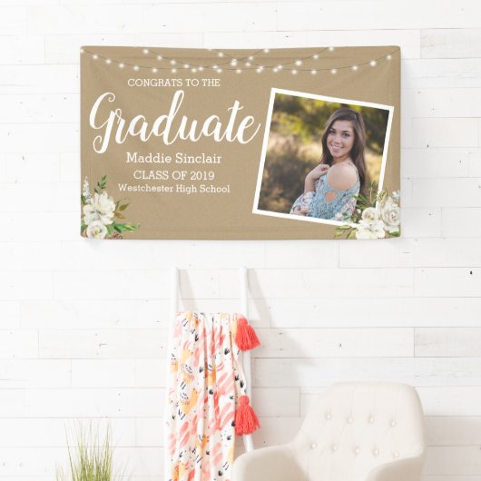 Photo Flowers String Lights Tan Afstuderen Spandoek (Insitu)