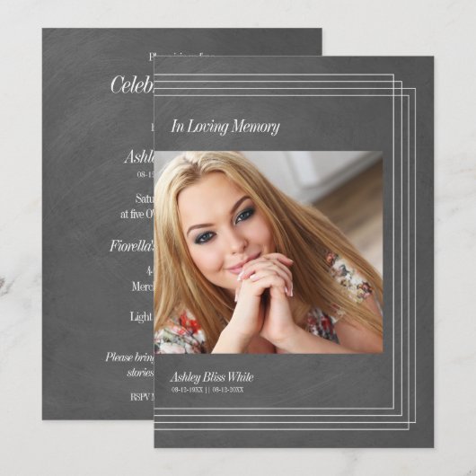 Photo Funéraire Invitation Gris Faux Métallique (Devant / Derrière)