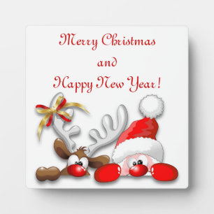 Photo Funny Santa and Reindeer Cartoon Plaque