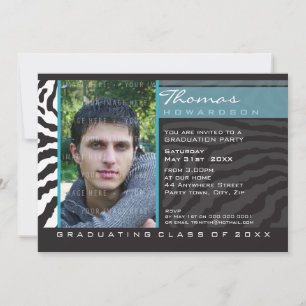 PHOTO GRAD INVITATION zebra stripe aqua bleu