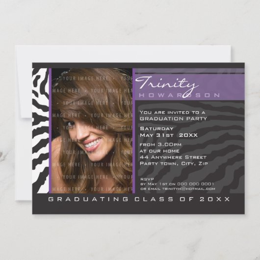 PHOTO GRAD INVITATION zebra stripe violet (Devant)