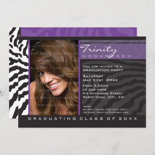 PHOTO GRAD INVITATION zebra stripe violet (Devant / Derrière)