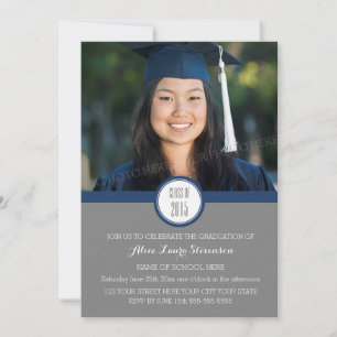 Photo Graduation Party Invitation Grey Marine Blue