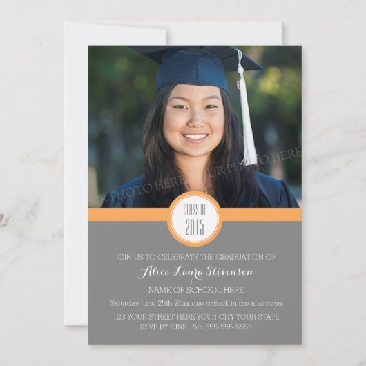 Photo Graduation Party Invitation Grey Orange (Devant)