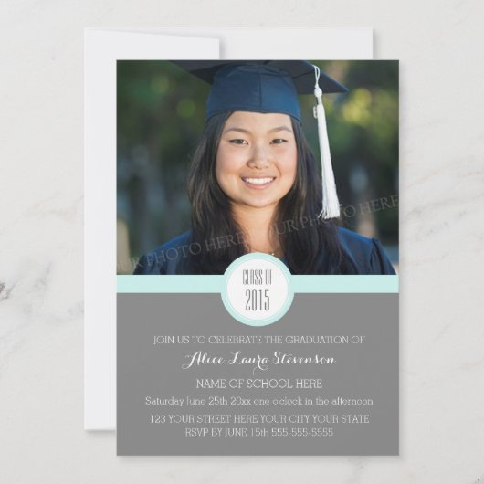 Photo Graduation Party Invitation Grey Sky Blue (Devant)