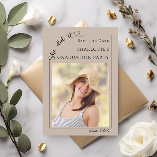 Photo Graduation party mocha beige Save the Date