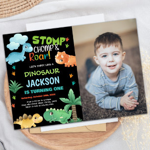 Photo Green Black Dinosaur Invitations d'anniversa