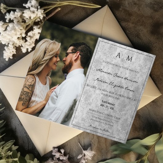 Photo Grey Damask Faire-part de mariage Monogramme
