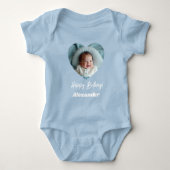 Photo heart name birthday blue boy romper (Voorkant)