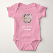 Photo heart name birthday girl pink romper (Voorkant)