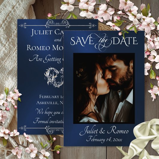 Photo & Heart Save the Date sur fond Bleu
