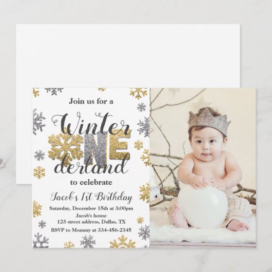 Photo Hiver ONE derland Anniversaire Invitation Or (Devant / Derrière)