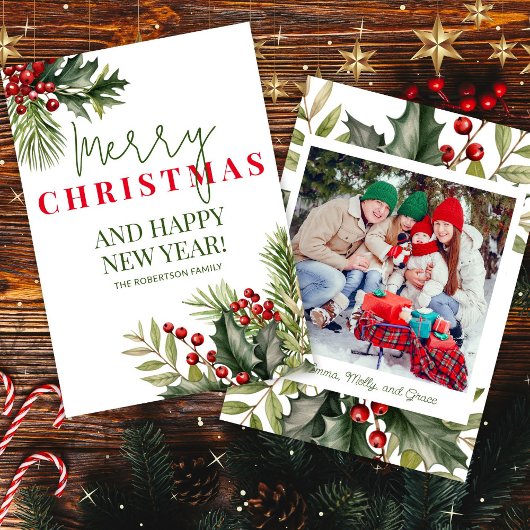 Photo Holly Pine Red Berries Carte blanche de Noël