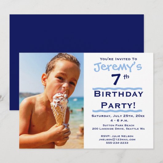 Photo Invitation de fête d'anniversaire bleu enfan (Devant / Derrière)