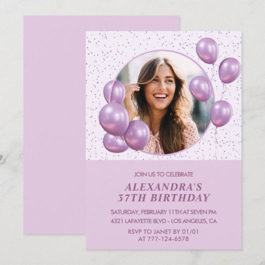 Photo invitations à 37e anniversaire Ballons viole (Devant / Derrière)