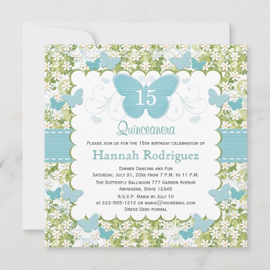 Photo Invitations de Quinceanera, Papillon bleu (Devant)