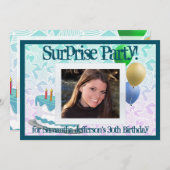 Photo Invitations Surprise Party, bleu et blanc (Devant / Derrière)