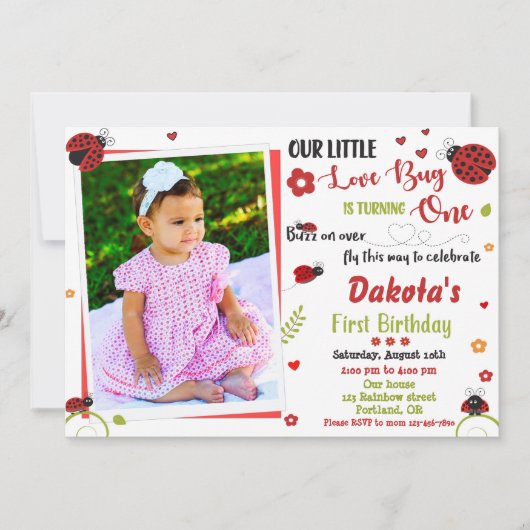 Photo Ladybug 1er anniversaire invitation Fille am (Devant)
