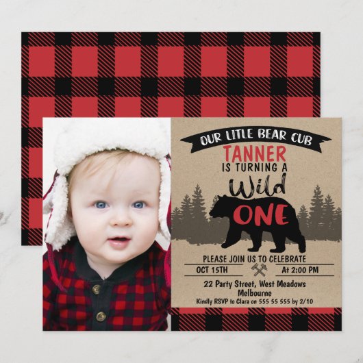 Photo Lumberjack Bear Cub 1st Birthday Invitation (Devant / Derrière)