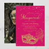 Photo Magenta Pink Gold Masquerade Birthday Kaart (Voorkant / Achterkant)