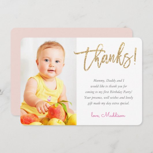 PHOTO MERCI joli script de parties scintillant or (Devant / Derrière)