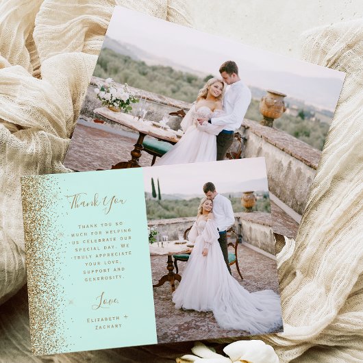 Photo Mint Green Gold Glitter Script Wedding Bedankkaart