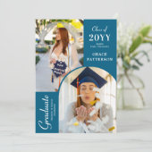 Photo moderne Bleu Blanc Faire-part de graduation (Debout devant)