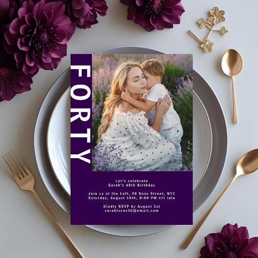 Photo moderne Dark Purple Invitation 40e anniversa