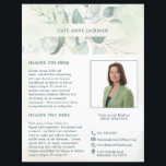 Photo moderne Eucalyptus Elégant Flyer Rustique<br><div class="desc">Elégant prospectus d'affaires avec votre nom entre une bordure supérieure et inférieure de feuilles d'eucalyptus et de verdure avec une pointe de bleu, sur un lavage pastel aquarelle. Utilisez le modèle pour ajouter votre photo et votre bio. Ce prospectus de style rustique est idéal pour un nouvel agent immobilier /...</div>