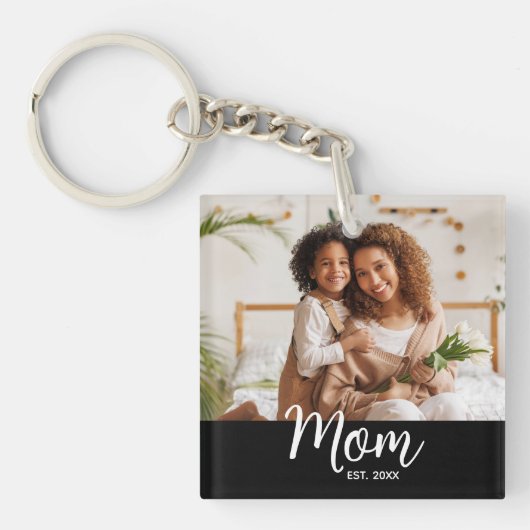 Photo Mom Established Date White Script on Black Sleutelhanger (Voorkant)
