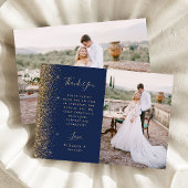 Photo Navy Blue Gold Glitter Script Wedding Bedankkaart