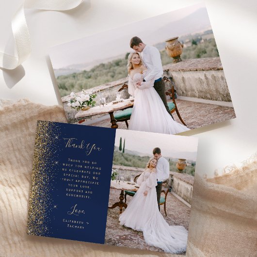 Photo Navy Blue Gold Glitter Script Wedding Bedankkaart