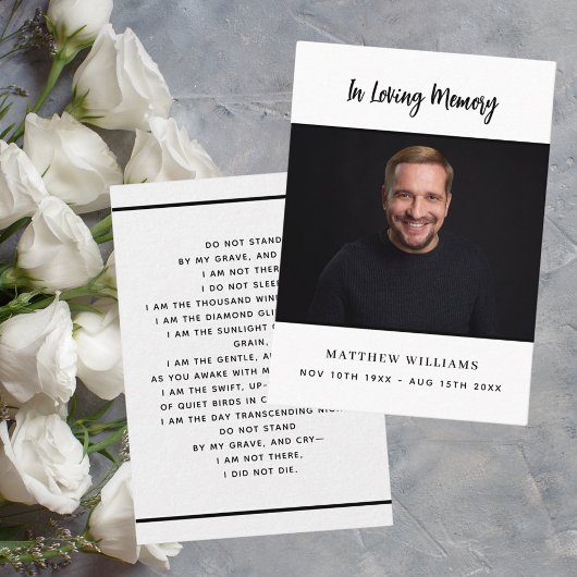 Photo noir blanc simple carte de prière funéraire