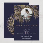 Photo palmier or fond bleu marine save the date (Devant / Derrière)