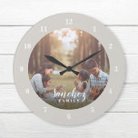 Photo personnalisée et nom de famille Personnalisé<br><div class="desc">Créez une horloge murale ronde ou carré spéciale personnalisée avec votre photo et votre monogramme de nom de famille. Le design comprend des polices modernes simples en noir et blanc, ou utilisez les outils de conception pour choisir des polices et des couleurs correspondant à votre propre style de décoration maison....</div>