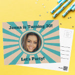 Photo personnalisée Invitation fête d'anniversaire<br><div class="desc">Cool rétro tan et turquoise invitation par carte postale d'anniversaire photo pour une fête d'adulte. Customisez avec la photo de l'honoré et personnalisez les détails de votre fête au dos de l'invitation.</div>