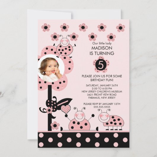 PHOTO Pink & Black Ladybug Invitation d'anniversai (Devant)