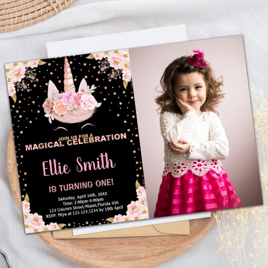 Photo Pink Black Unicorn Invitations Anniversaire