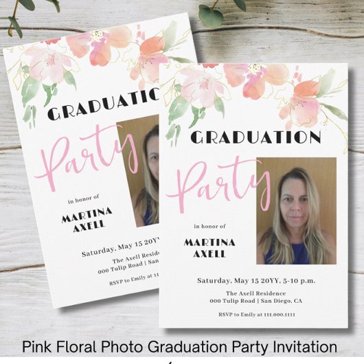 Photo Pink Floral Graduation Party Invitation