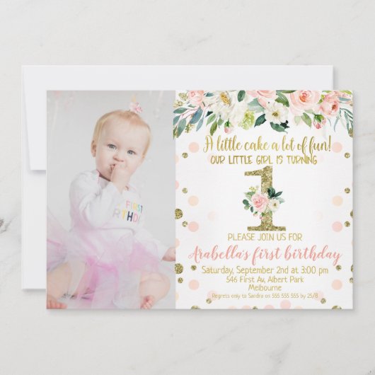 Photo Pink Gold Floral 1er anniversaire Invitation (Devant)