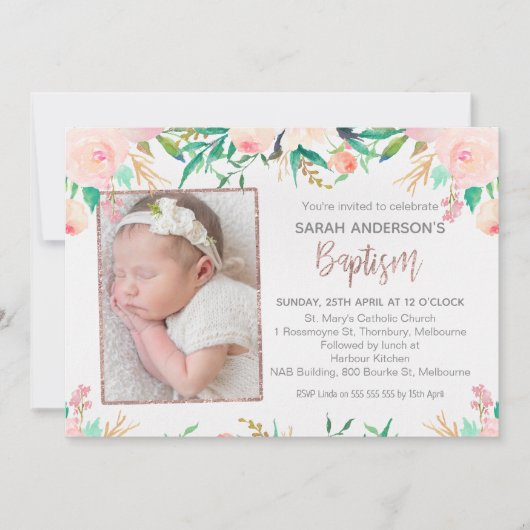 Photo Pink Gold Floral Baptême invitation (Devant)
