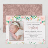 Photo Pink Gold Floral Baptême invitation (Devant / Derrière)