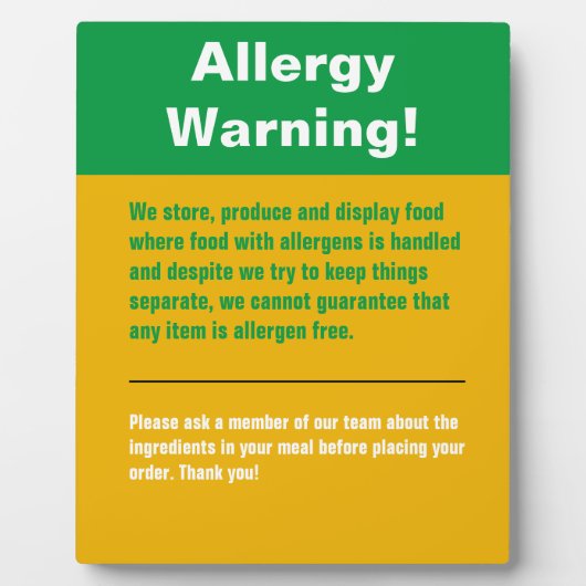 Photo Plaque d'affichage d'avertissement d'allergie (Devant)