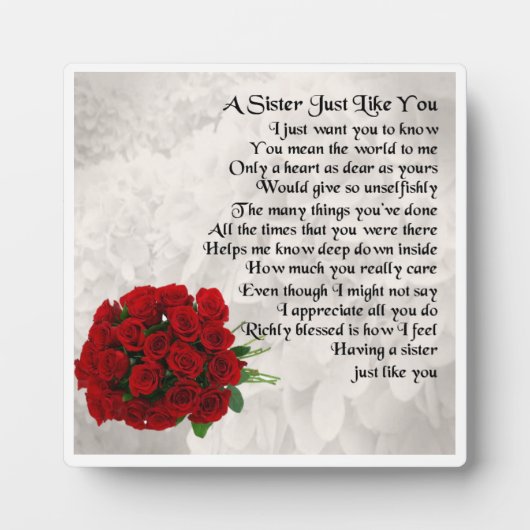Photo Plaque Poem Soeur - Roses Rouges Design (Devant)