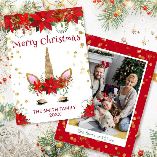 Photo Poinsettia Unicorne avec carte rouge de Noël