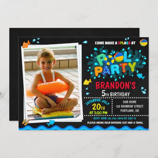 Photo Pool invitation d'anniversaire Garçon piscin (Devant / Derrière)