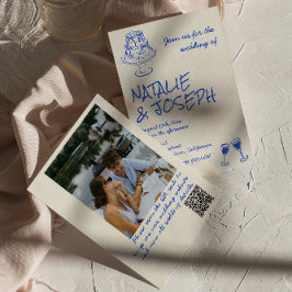 Photo QR Code Hand Drawn Blue Cake Bows Wedding  Kaart